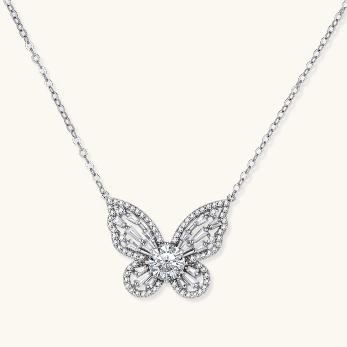 Radiant Butterfly Necklace, Moissanite & 925 Sterling Silver featuring butterfly pendant with baguette moissanite accents