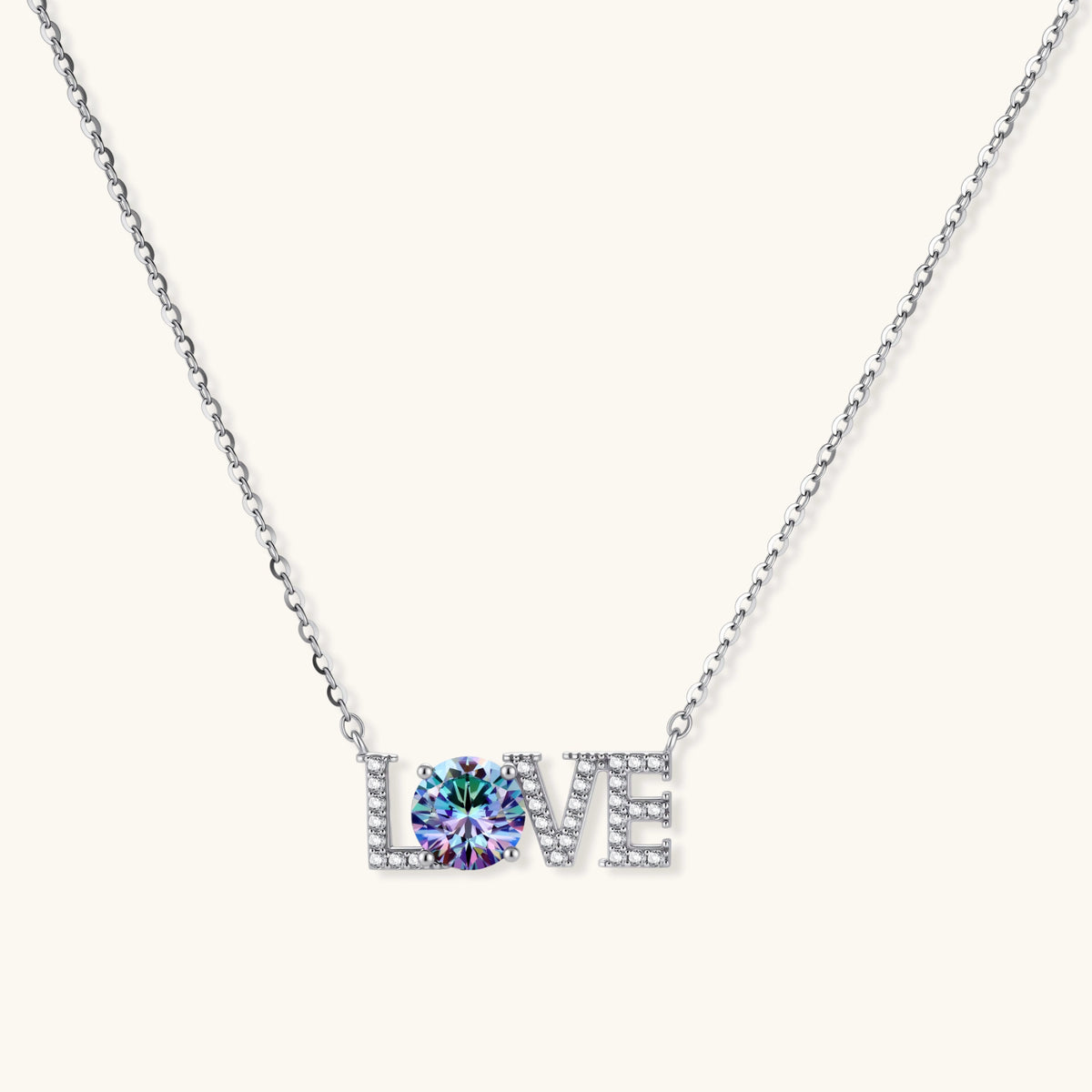 LOVE Necklace, Iridescent Moissanite & 925 Sterling Silver featuring iridescent moissanite LOVE pendant