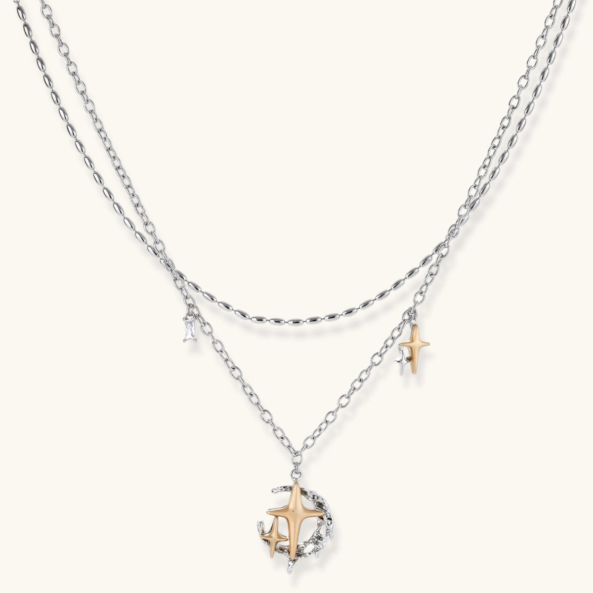 Celestial Dreams layered moon and star necklace, product view 1