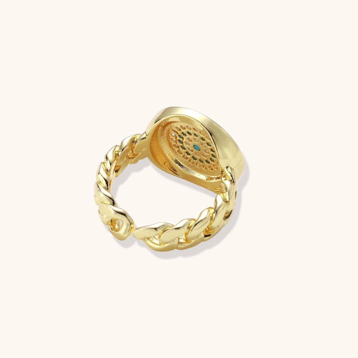 Aegean Evil Eye adjustable ring showing the chain-style open-back band