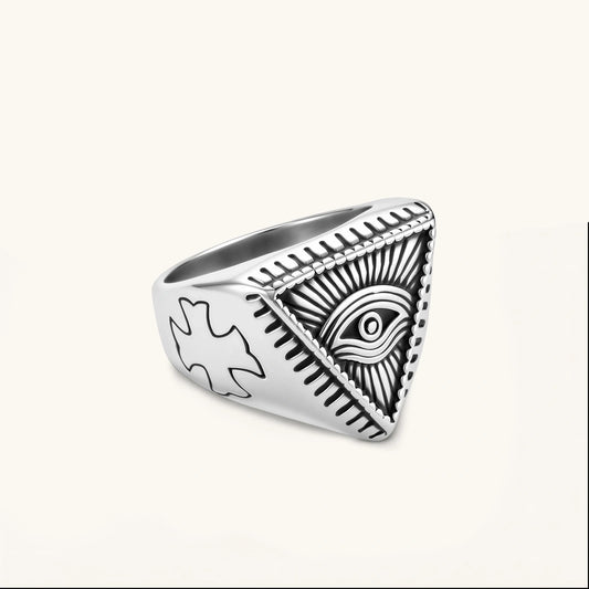 Angled view of All-Seeing Eye stainless steel signet ring with engraved geometric details