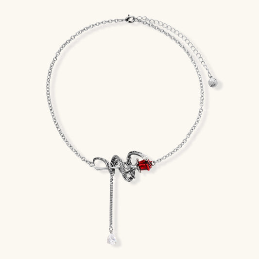 Serpent Rose Mystique necklace showing the serpent and red enamel rose centerpiece on an adjustable chain