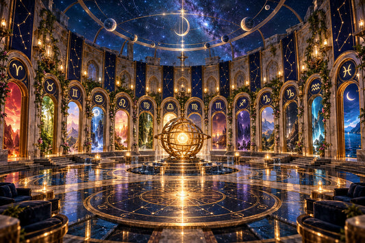 Twelve zodiac portals encircling a celestial instrument in the House of Twelve