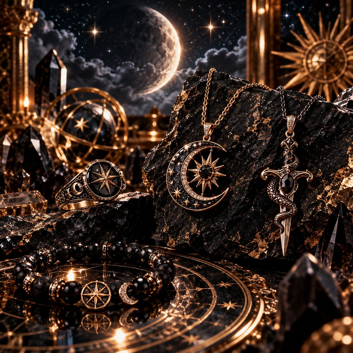 Mystic Haven Dark Celestial jewelry collection with moonlit black and gold celestial pieces