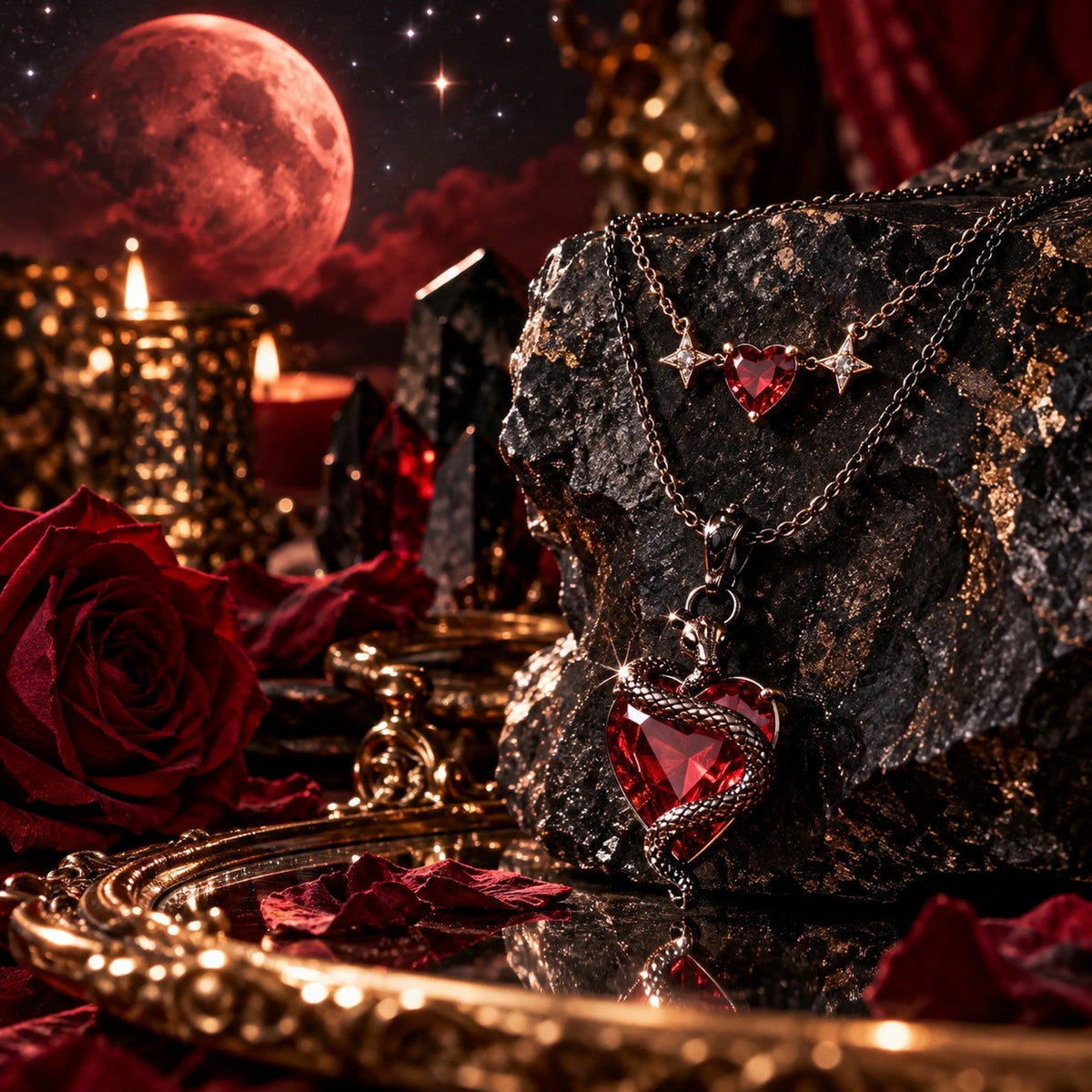 Mystic Haven Dark Romance collection with crimson heart jewelry, roses, serpent motif, moonlight and celestial details