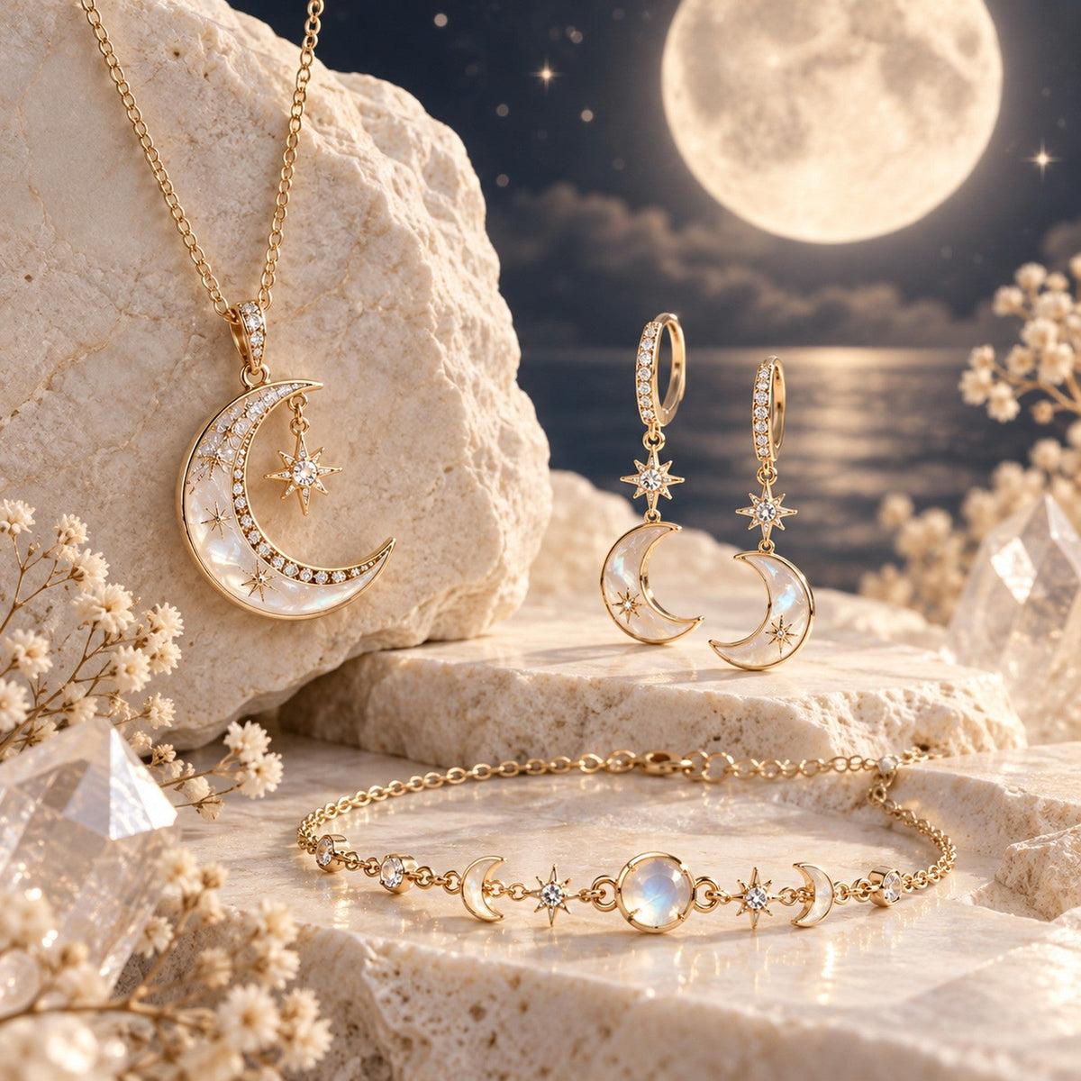 Mystic Haven Lunar Jewelry collection with moon and star inspired jewelry in a luminous moonlit editorial scene