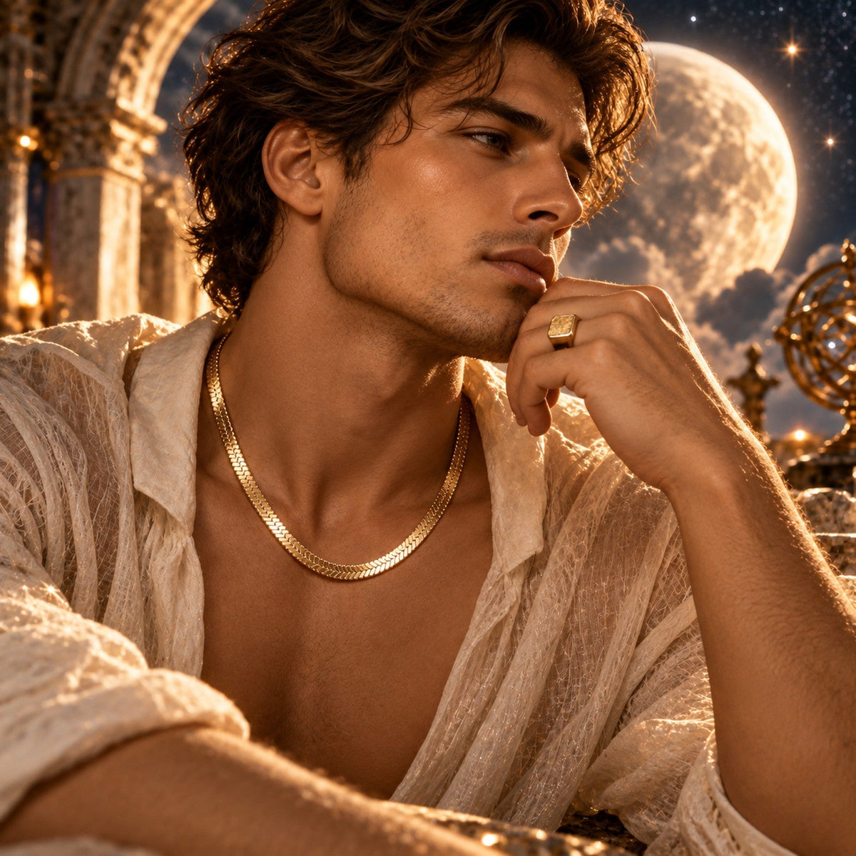 Mystic Haven Men's Jewelry collection featuring a gold celestial chain in a luminous editorial setting