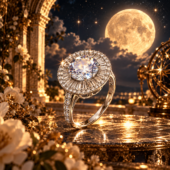 Moissanite jewelry collection by Mystic Haven featuring a luminous halo ring in a moonlit celestial setting