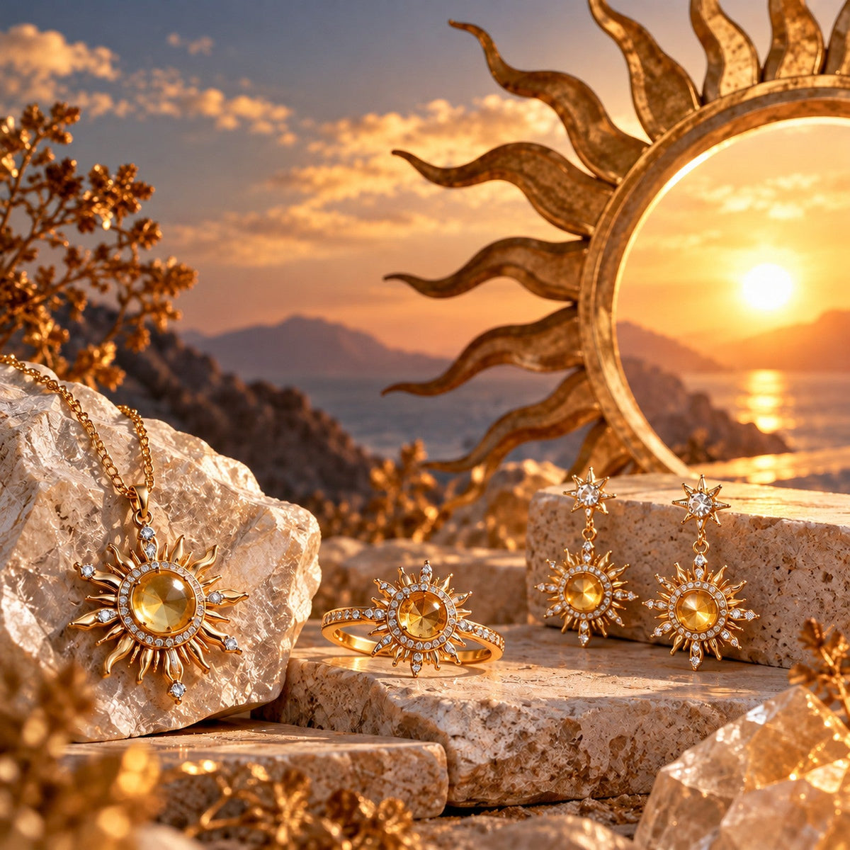 Mystic Haven Solar Jewelry collection with radiant gold sun-inspired jewelry in a warm golden-hour celestial setting