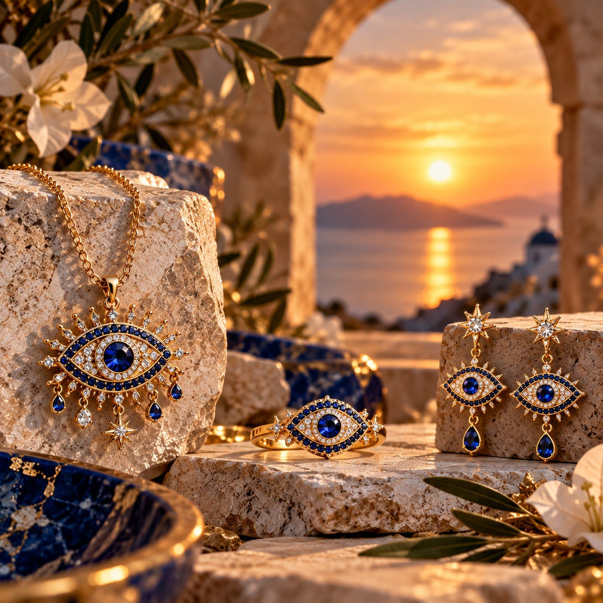 Mystic Haven Symbolic Eye Jewelry collection with blue and gold eye-inspired celestial jewelry at golden hour