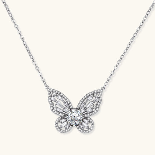 Radiant Butterfly Necklace, Moissanite & 925 Sterling Silver featuring butterfly pendant with baguette moissanite accents