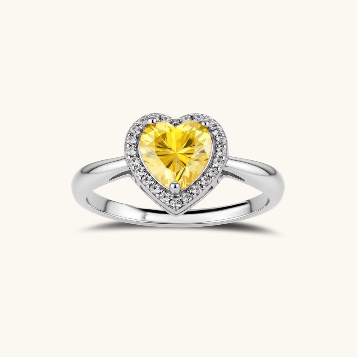 Golden Heart Halo Ring, Yellow Moissanite & 925 Sterling Silver featuring yellow heart moissanite halo design