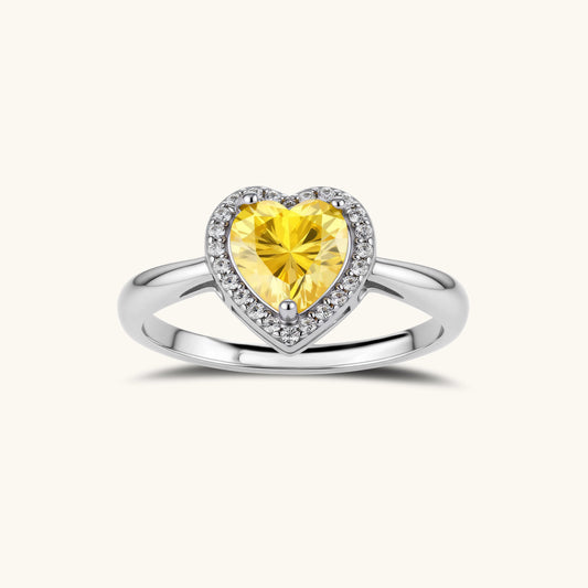 Golden Heart Halo Ring, Yellow Moissanite & 925 Sterling Silver featuring yellow heart moissanite halo design