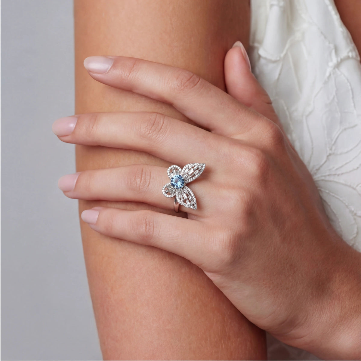 Additional view of Blue Butterfly Ring, Blue Moissanite & 925 Sterling Silver