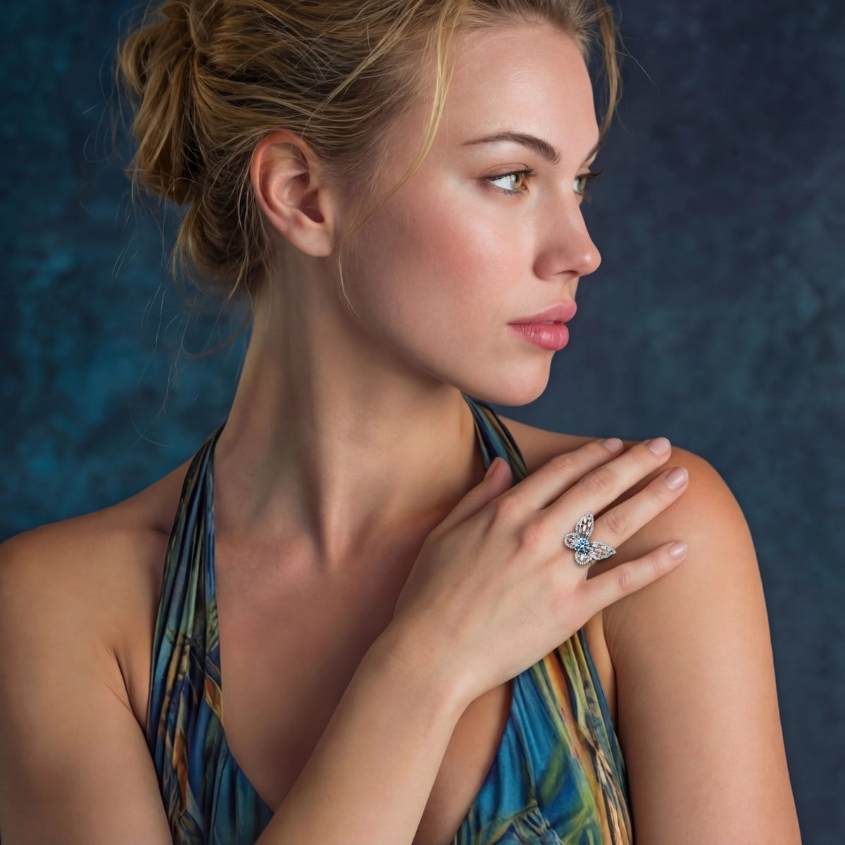 Additional view of Blue Butterfly Ring, Blue Moissanite & 925 Sterling Silver
