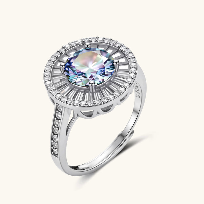 Starlight Halo Ring, Prismatic Moissanite & 925 Sterling Silver featuring prismatic halo with baguette accents