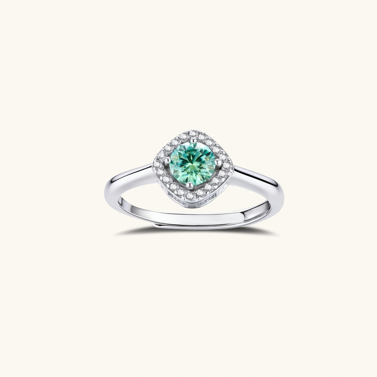 Mint Glow Halo Ring, Green Moissanite & 925 Sterling Silver featuring mint-green moissanite cushion halo