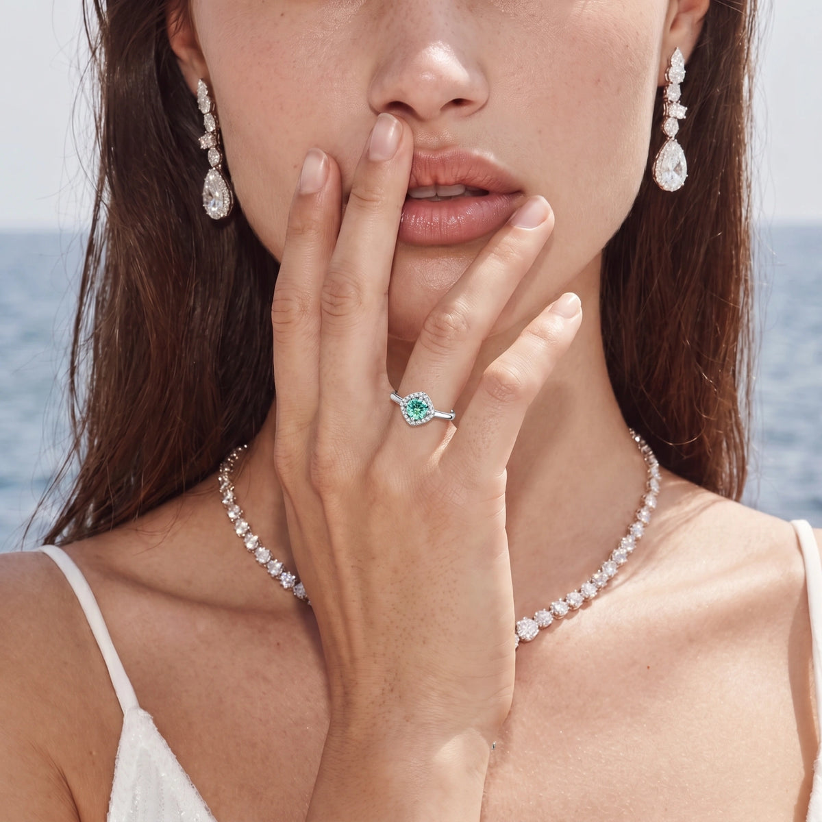 Additional view of Mint Glow Halo Ring, Green Moissanite & 925 Sterling Silver