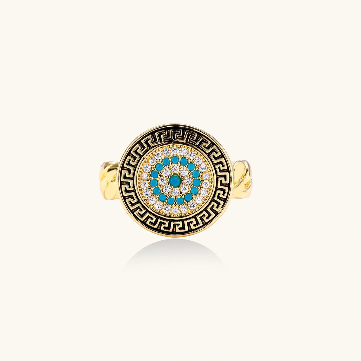 Angled view of Aegean Evil Eye adjustable ring with turquoise and cubic zirconia details