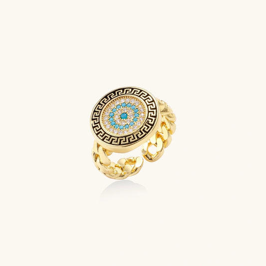 Aegean Evil Eye adjustable ring in 18K gold plated eco-brass with turquoise-toned eye and Greek key border