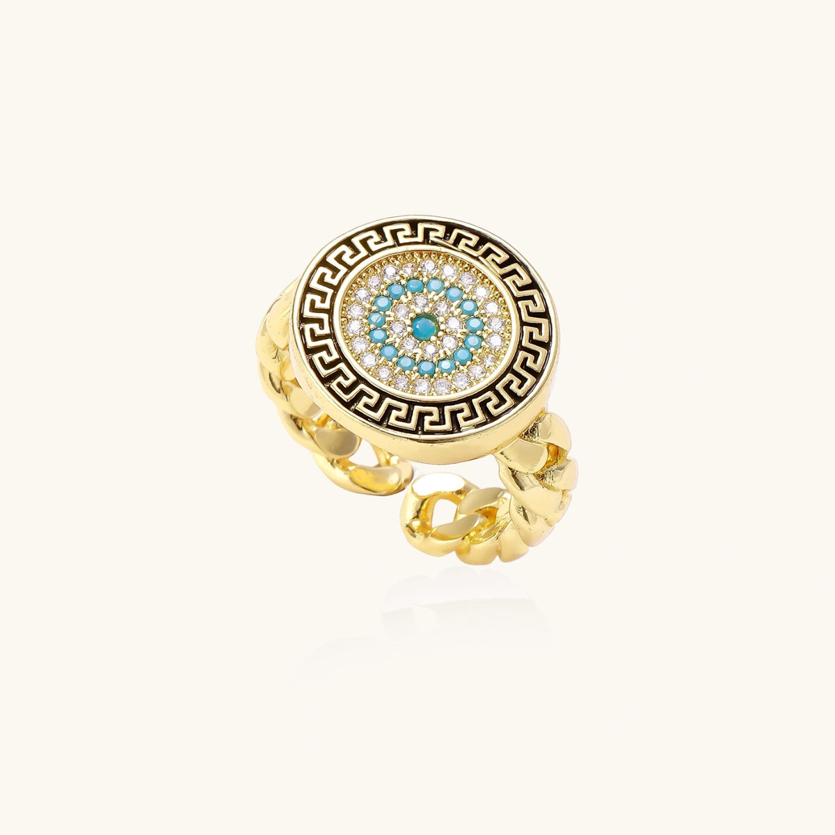 Top view of Aegean Evil Eye ring with Greek key border and turquoise-toned center