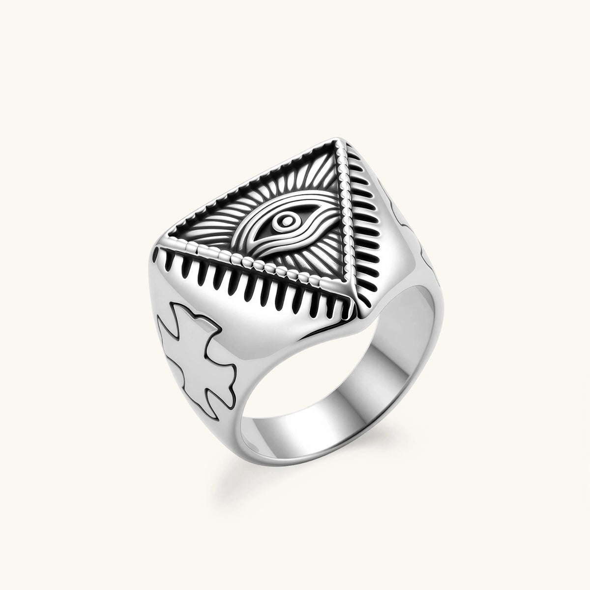 All-Seeing Eye celestial signet ring in polished 316L stainless steel with triangular engraved face