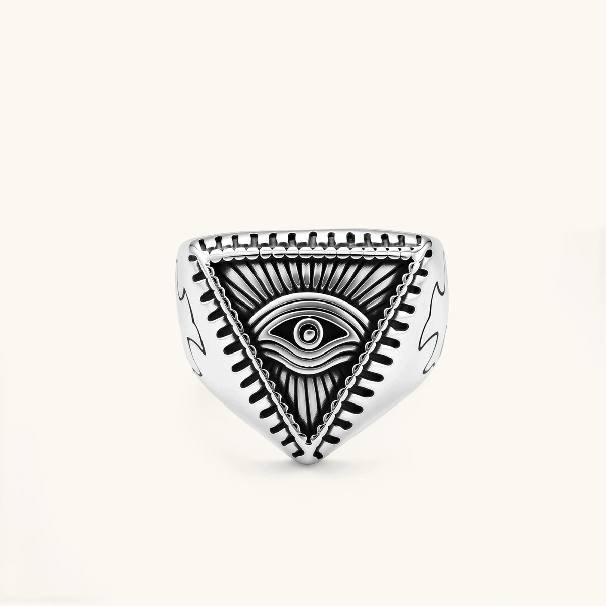 Top view of All-Seeing Eye signet ring showing the triangular face and radiating engraved lines