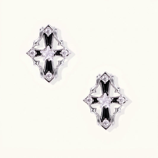 Celestial Cross Noir stud earrings with black enamel, white gold plated frame and star-cut zirconia