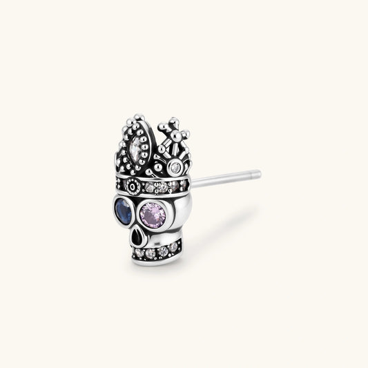 Crowned Skull single stud earring in antique silver plated eco-brass with blue, pink and clear cubic zirconia