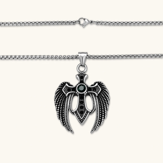 Dark Angel Wing Cross necklace with 720 mm stainless steel box chain and sculpted wing pendant