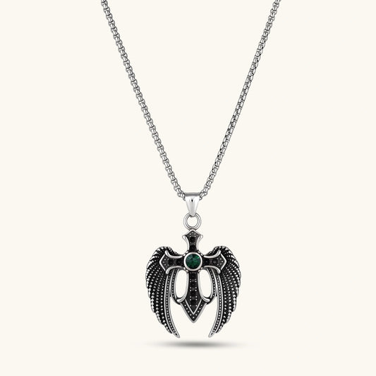 Dark Angel Wing Cross necklace in 316L stainless steel with green cubic zirconia center and black crystal accents