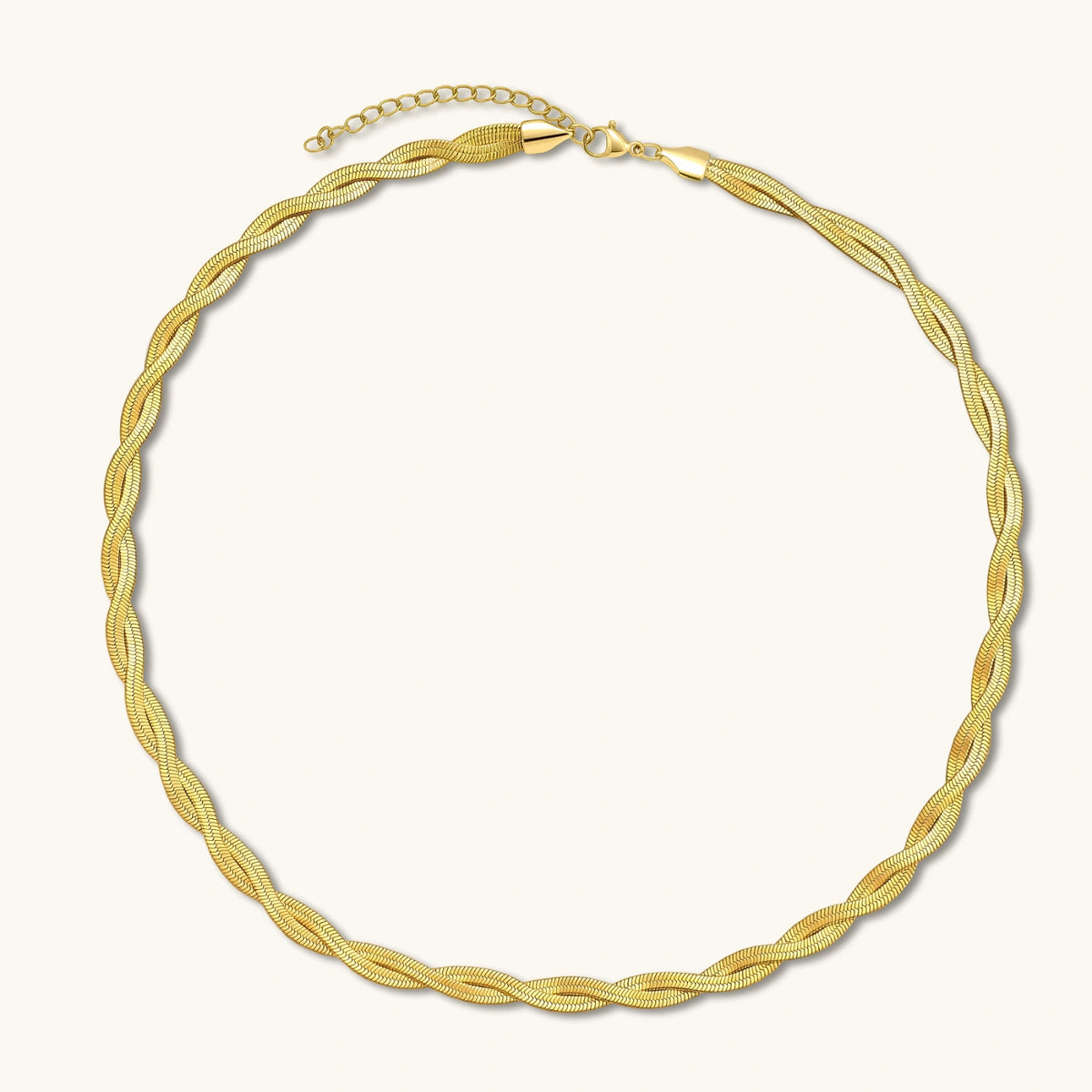 Full view of Golden Orbit twisted herringbone chain with adjustable 45 to 50 cm length
