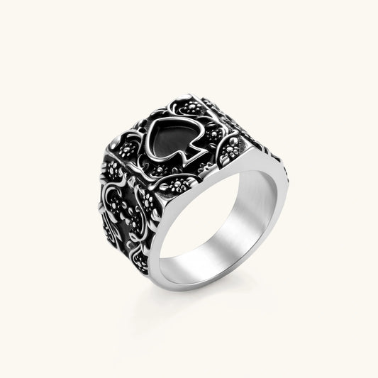 Midnight Ace of Spades signet ring in 316L stainless steel with black enamel spade and oxidised scrollwork