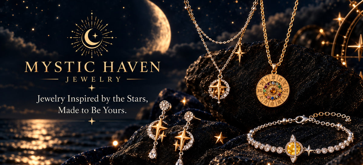Mystic Haven Jewelry celestial hero banner featuring the Zodiac Wheel necklace, Celestial Dreams jewelry, and Stellar Dreams bracelet beneath a moonlit sky.