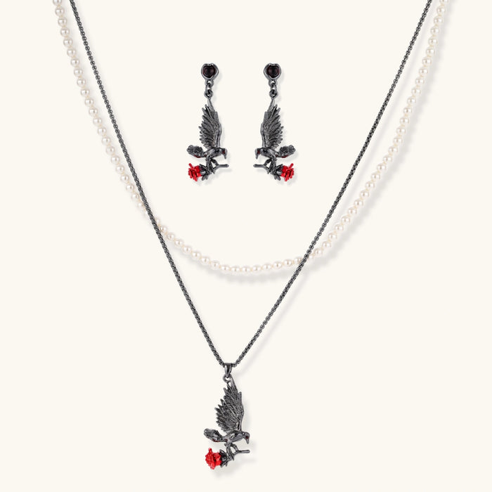 Raven Rose dark romance necklace and earring set with raven motifs, crimson roses and layered chains
