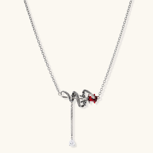 Serpent Rose Mystique necklace with oxidised silver-tone serpent, crimson enamel rose and pear-cut zirconia drop