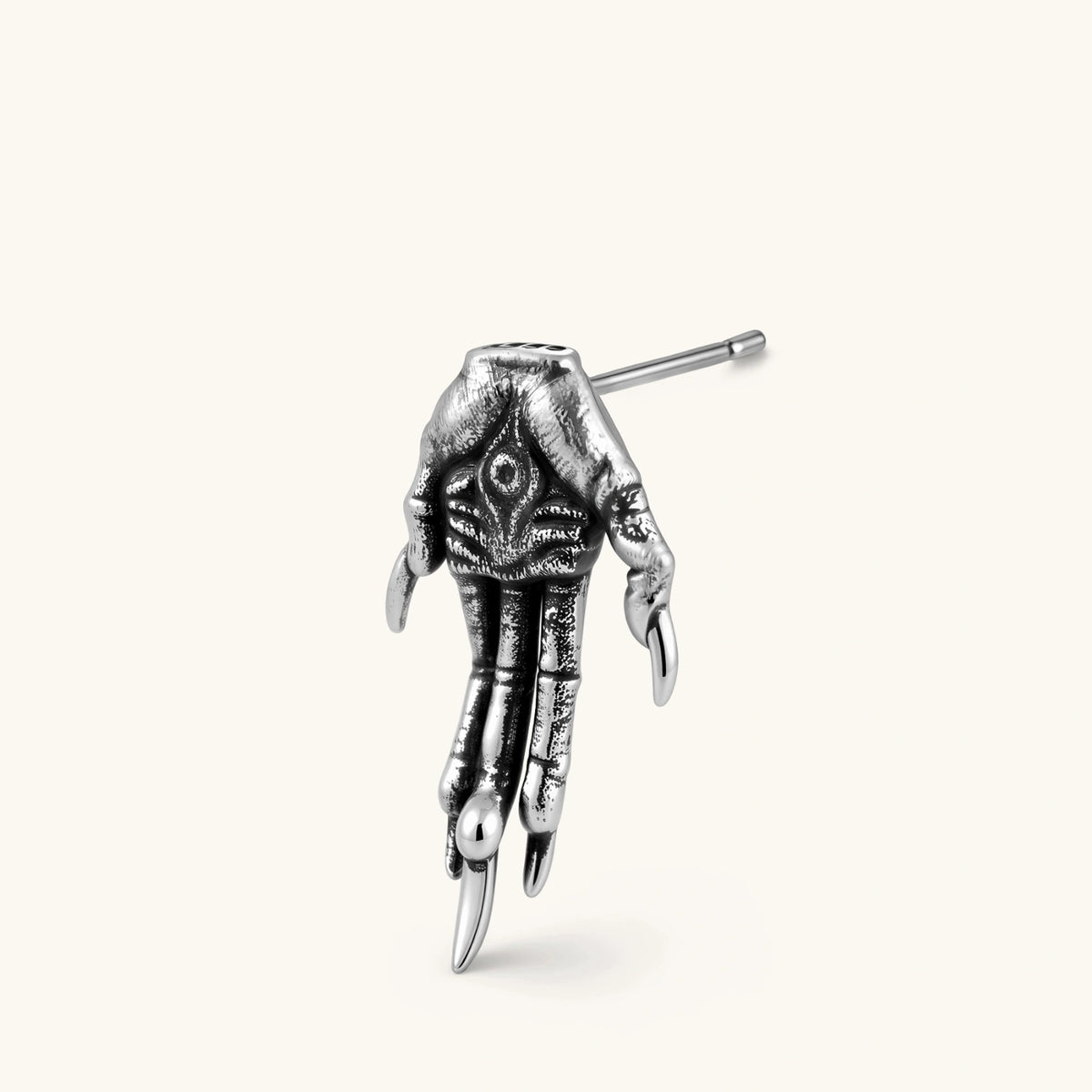 Third Eye Claw single stud earring in antique silver plated eco-brass with cubic zirconia eye